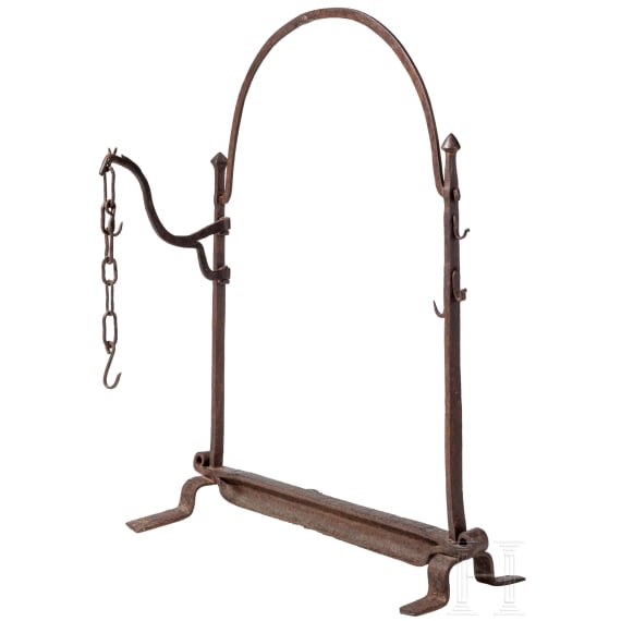 A large iron French or Spanish andiron, 16th/17th century