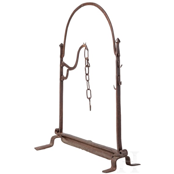 A large iron French or Spanish andiron, 16th/17th century