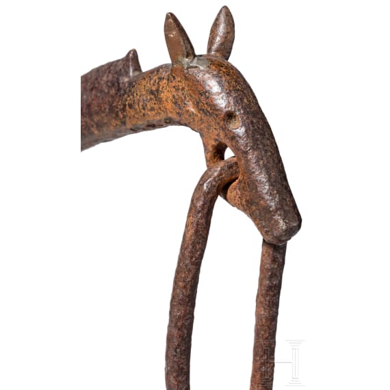 A large iron French or Spanish andiron, 16th/17th century