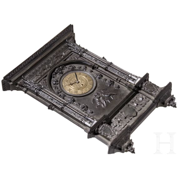A historicist-style iron wall clock, probably Berlin iron, 19th century