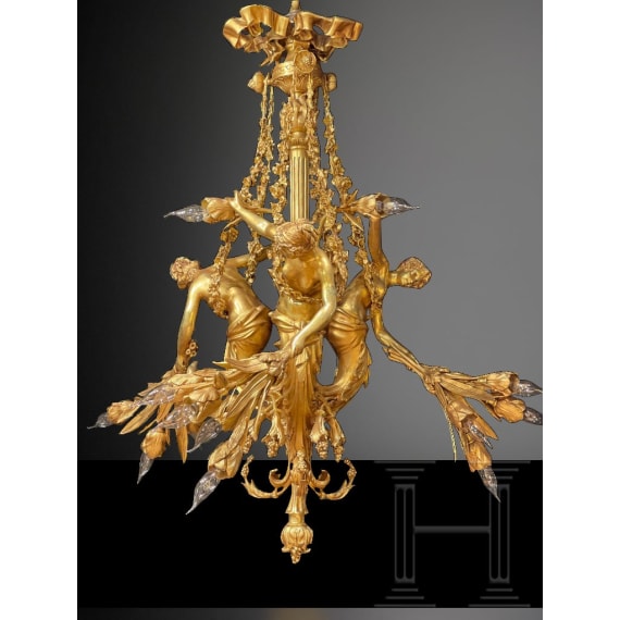 A monumental German bronze chandelier in the style of Louis XVI, 2nd half of the 20th century