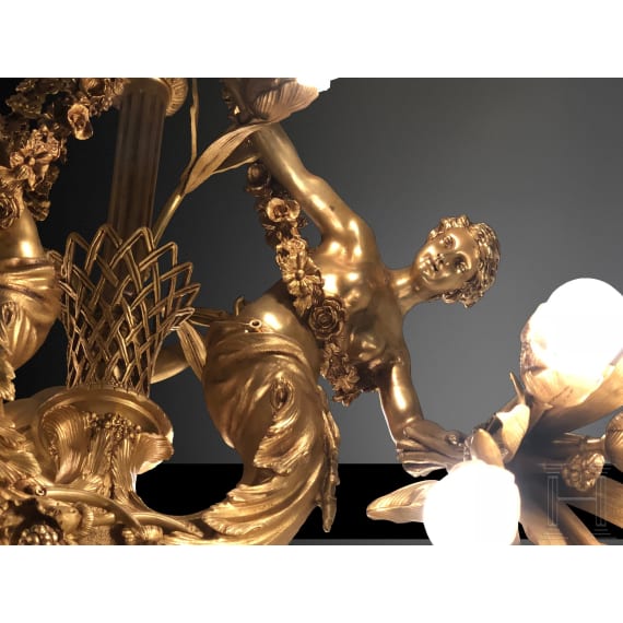 A monumental German bronze chandelier in the style of Louis XVI, 2nd half of the 20th century