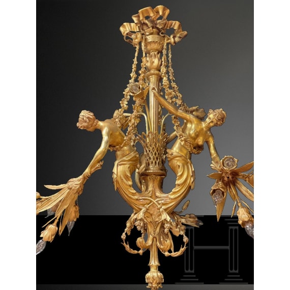 A monumental German bronze chandelier in the style of Louis XVI, 2nd half of the 20th century