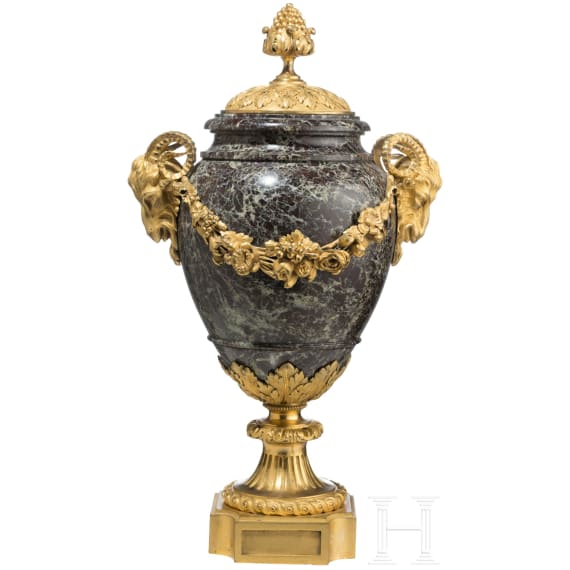 A French ormolu-mounted Louis XVI marble vase with ram's heads, 19th century