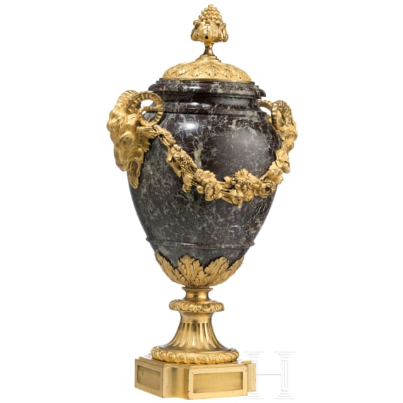 A French ormolu-mounted Louis XVI marble vase with ram's heads, 19th century