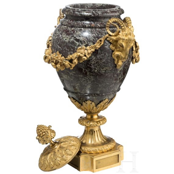 A French ormolu-mounted Louis XVI marble vase with ram's heads, 19th century