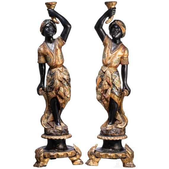 A marvelous pair of Venetian Blackamoor candleholders, 19th century