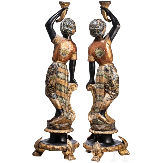 A marvelous pair of Venetian Blackamoor candleholders, 19th century