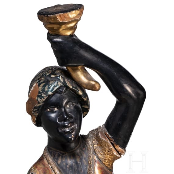 A marvelous pair of Venetian Blackamoor candleholders, 19th century