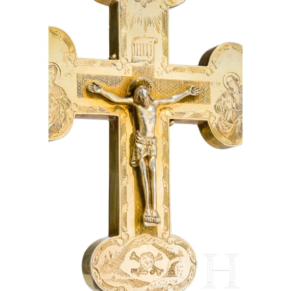 A delicately engraved Russian silver-gilt vermeil crucifix (processional cross), St. Petersburg, Dimity Andreyev, 1848