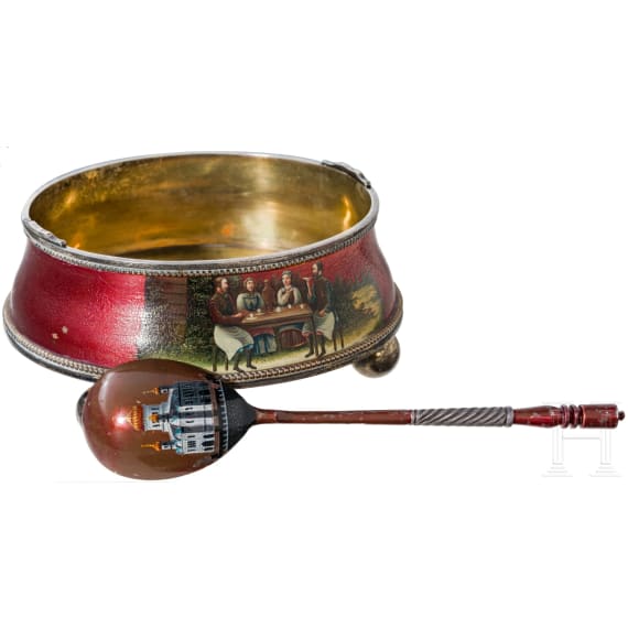 A Russian silver and red lacquer sugar bowl and spoon, St. Petersburg, 1908-17