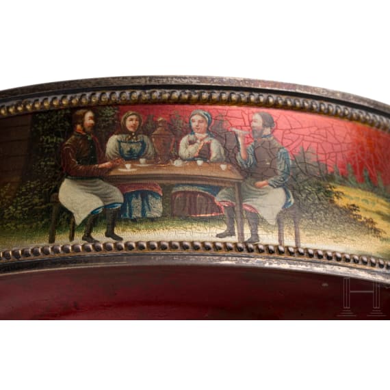 A Russian silver and red lacquer sugar bowl and spoon, St. Petersburg, 1908-17