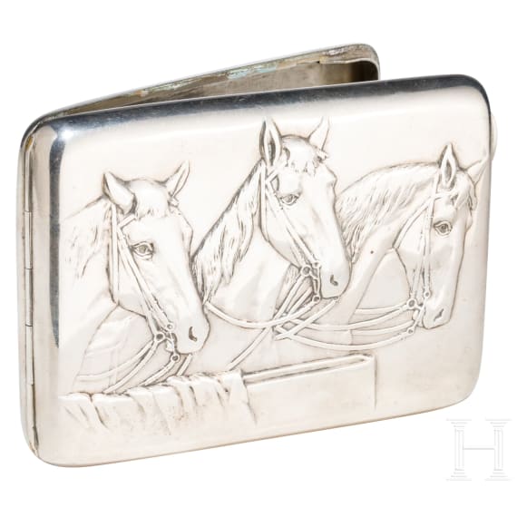 A Soviet silver cigarette case with horses, 1927 - 1958