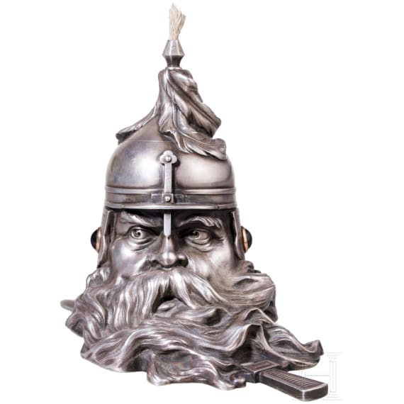 A silver table lighter in the form of a bogatyr&rsquo;s head in the manner of Faberg&eacute;, late 20th century