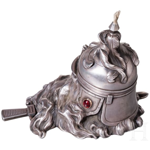 A silver table lighter in the form of a bogatyr&rsquo;s head in the manner of Faberg&eacute;, late 20th century