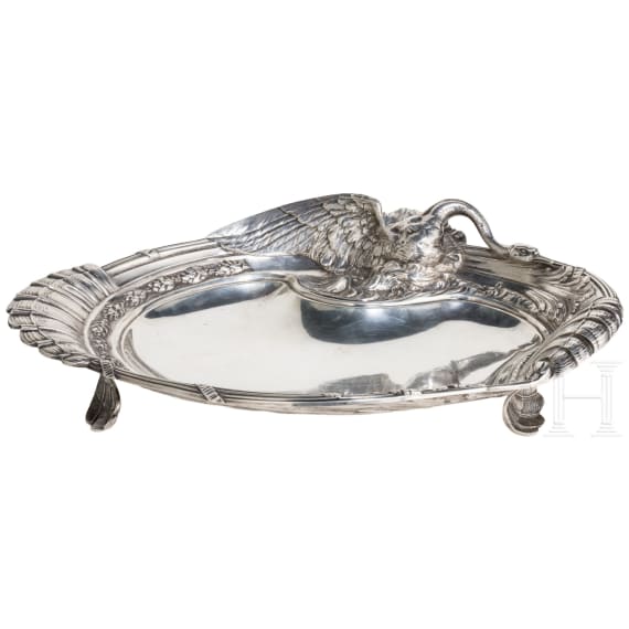 A silver tray with swan and Russian import mark, circa 1910