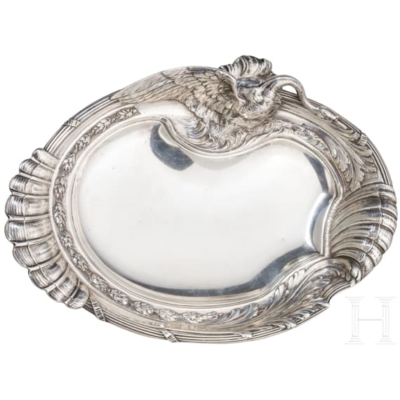 A silver tray with swan and Russian import mark, circa 1910