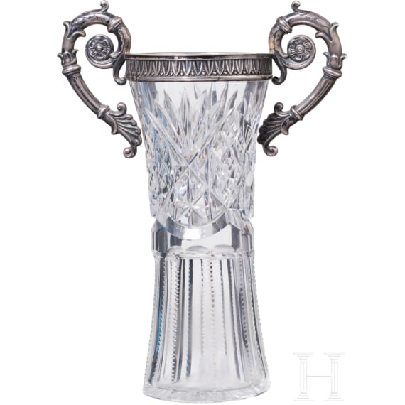 A Russian glass vase with silver-gilt mounting, Moscow, 1908