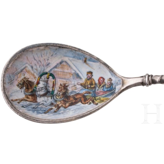 A pair of Russian silver sugar tongs and a tea spoon with troika, St. Petersburg. J. Olsonius for Gratchev, 1883 (sugar tongs) and circa 1900 (tea spoon)