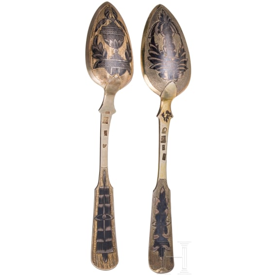 Two Russian silver-gilt and niello spoons with case, Moscow, 1835