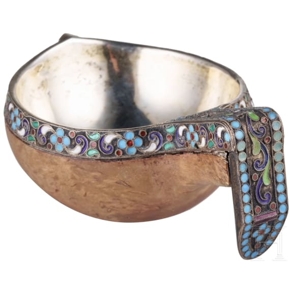 A small Russian silver and cloisonn&eacute; enamel-mounted wooden kovsh, St. Petersburg, Grigory Pankratym, 1908