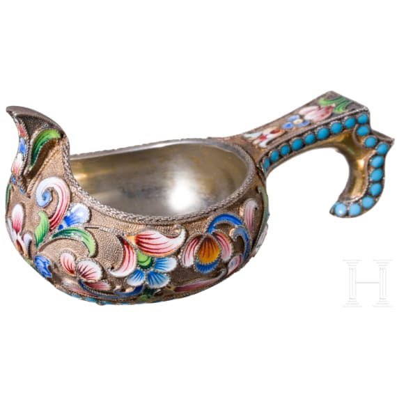 A small Russian silver-gilt and cloisonne-enamelled kovsh, Moscow, 1896 - 1908