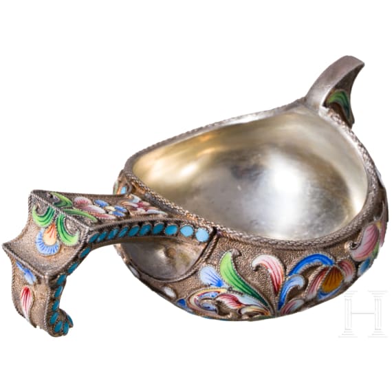A small Russian silver-gilt and cloisonne-enamelled kovsh, Moscow, 1896 - 1908