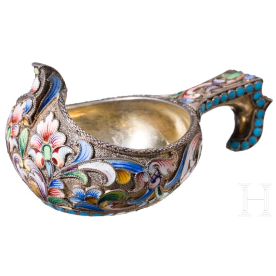 A small Russian silver-gilt and cloisonne-enamelled kovsh, Moscow, Maria Semenova, 1896 - 1905