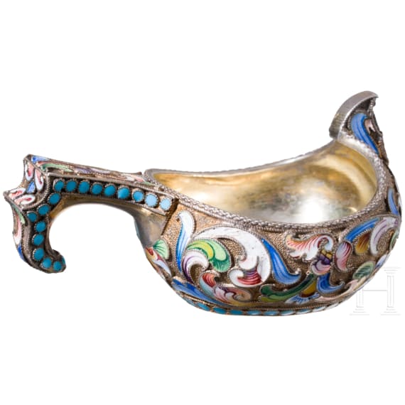A small Russian silver-gilt and cloisonne-enamelled kovsh, Moscow, Maria Semenova, 1896 - 1905
