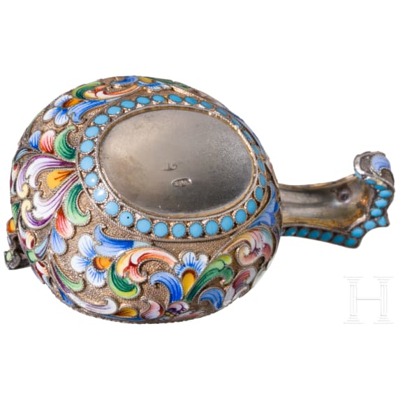 A small Russian silver-gilt and cloisonne-enamelled kovsh, Moscow, Maria Semenova, 1896 - 1905