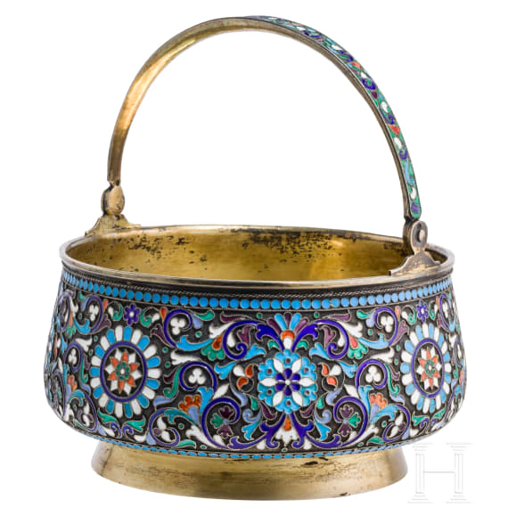 A Russian silver-gilt and cloisonn&eacute; enamel sugar bowl, Moscow, D. Nikitin, 1896 - 1908