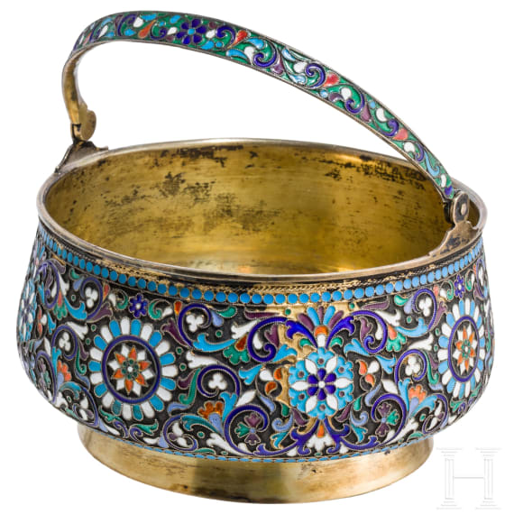 A Russian silver-gilt and cloisonn&eacute; enamel sugar bowl, Moscow, D. Nikitin, 1896 - 1908