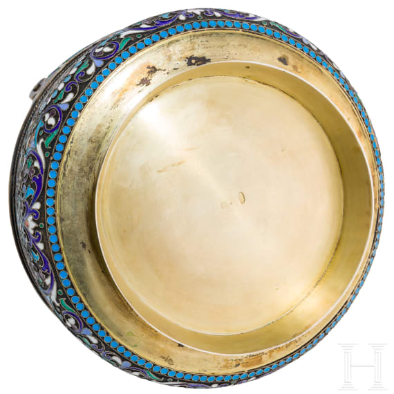 A Russian silver-gilt and cloisonn&eacute; enamel sugar bowl, Moscow, D. Nikitin, 1896 - 1908