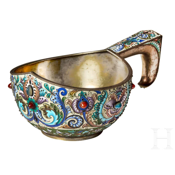 A large Russian silver-gilt and cloisonn&eacute;-enamel kovsh, Moscow, Feodor R&uuml;ckert, 1896-1908