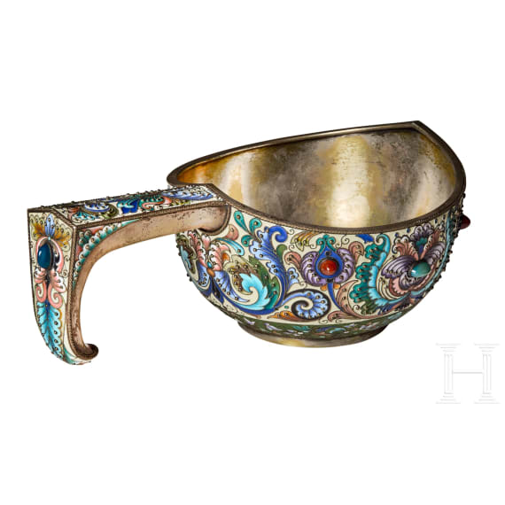 A large Russian silver-gilt and cloisonn&eacute;-enamel kovsh, Moscow, Feodor R&uuml;ckert, 1896-1908