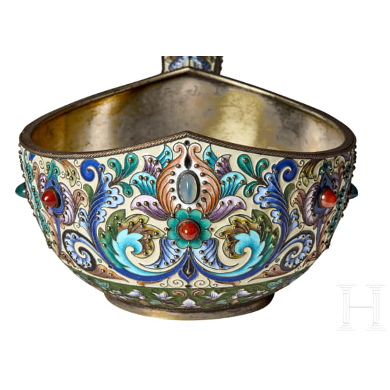 A large Russian silver-gilt and cloisonn&eacute;-enamel kovsh, Moscow, Feodor R&uuml;ckert, 1896-1908