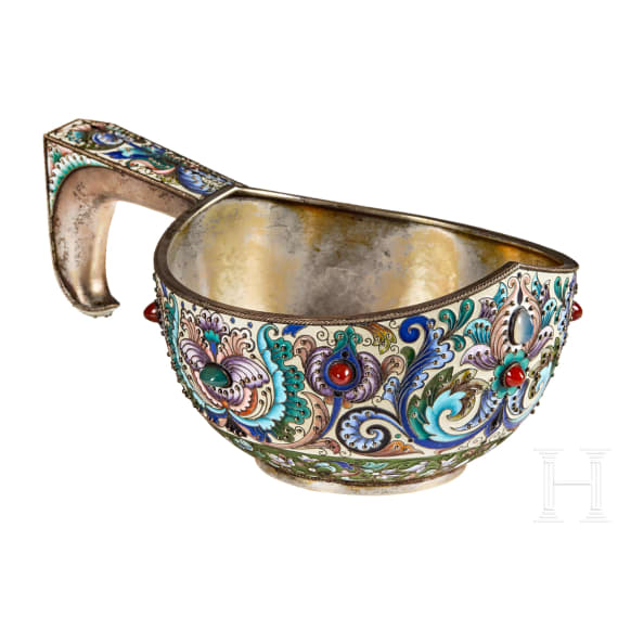 A large Russian silver-gilt and cloisonn&eacute;-enamel kovsh, Moscow, Feodor R&uuml;ckert, 1896-1908