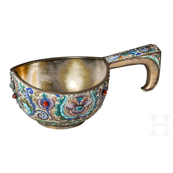 A large Russian silver-gilt and cloisonn&eacute;-enamel kovsh, Moscow, Feodor R&uuml;ckert, 1896-1908