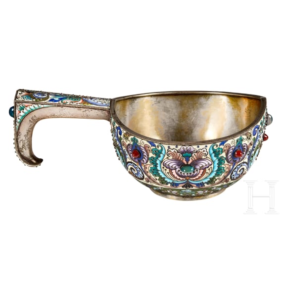 A large Russian silver-gilt and cloisonn&eacute;-enamel kovsh, Moscow, Feodor R&uuml;ckert, 1896-1908