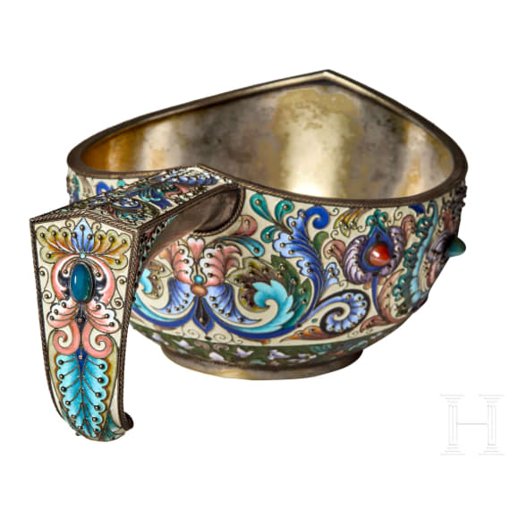 A large Russian silver-gilt and cloisonn&eacute;-enamel kovsh, Moscow, Feodor R&uuml;ckert, 1896-1908