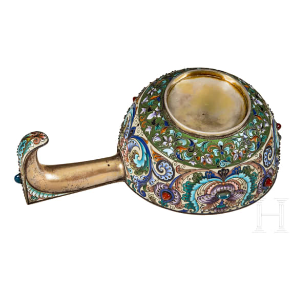 A large Russian silver-gilt and cloisonn&eacute;-enamel kovsh, Moscow, Feodor R&uuml;ckert, 1896-1908