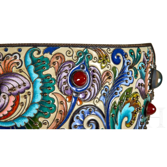 A large Russian silver-gilt and cloisonn&eacute;-enamel kovsh, Moscow, Feodor R&uuml;ckert, 1896-1908