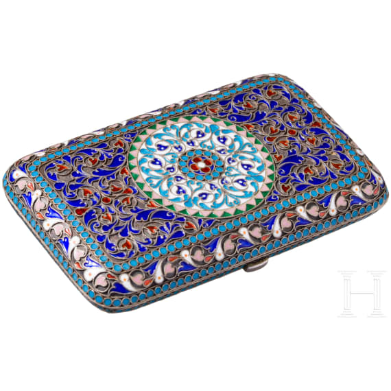 A Russian silver-gilt and cloisonne enamel cigarette case, stamped Moscow, Pavel Ovchinnikov, circa 1890