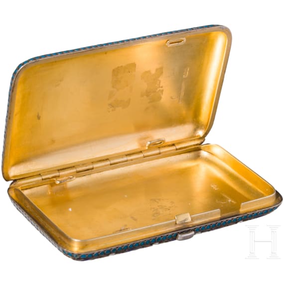 A Russian silver-gilt and cloisonne enamel cigarette case, stamped Moscow, Pavel Ovchinnikov, circa 1890