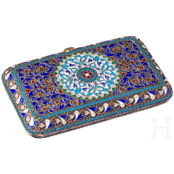 A Russian silver-gilt and cloisonne enamel cigarette case, stamped Moscow, Pavel Ovchinnikov, circa 1890