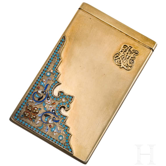 A Russian silver-gilt and cloisonn&eacute;-enamelled card holder, Moscow, 1896 - 1908