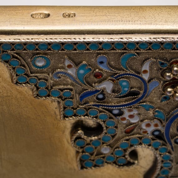 A Russian silver-gilt and cloisonn&eacute;-enamelled card holder, Moscow, 1896 - 1908