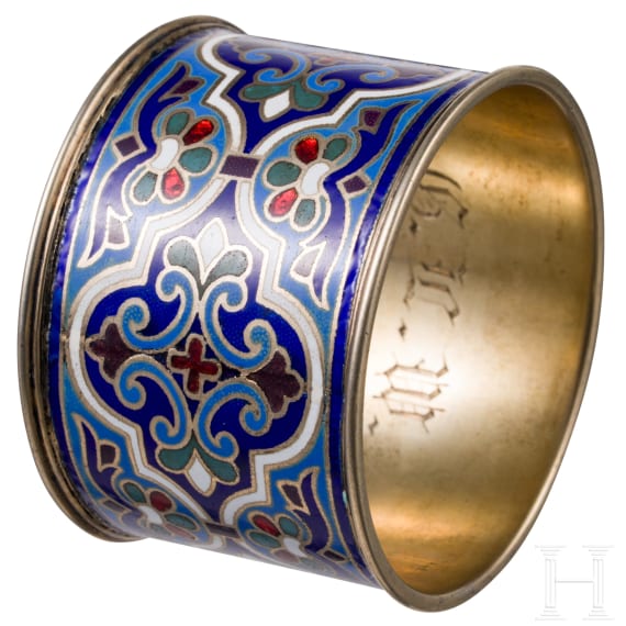 A Russian silver and champlev&eacute; enamel napkin ring, Moscow, Gustav Klingert, circa 1890