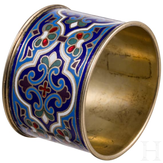 A Russian silver and champlev&eacute; enamel napkin ring, Moscow, Gustav Klingert, circa 1890