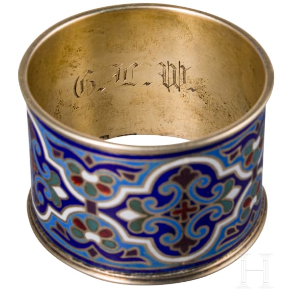 A Russian silver and champlev&eacute; enamel napkin ring, Moscow, Gustav Klingert, circa 1890